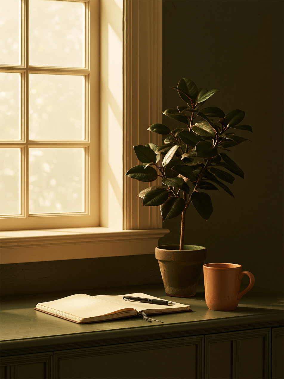 A calm tidy desk by a window with a potted plant, open notebook, and warm clay mug in soft light