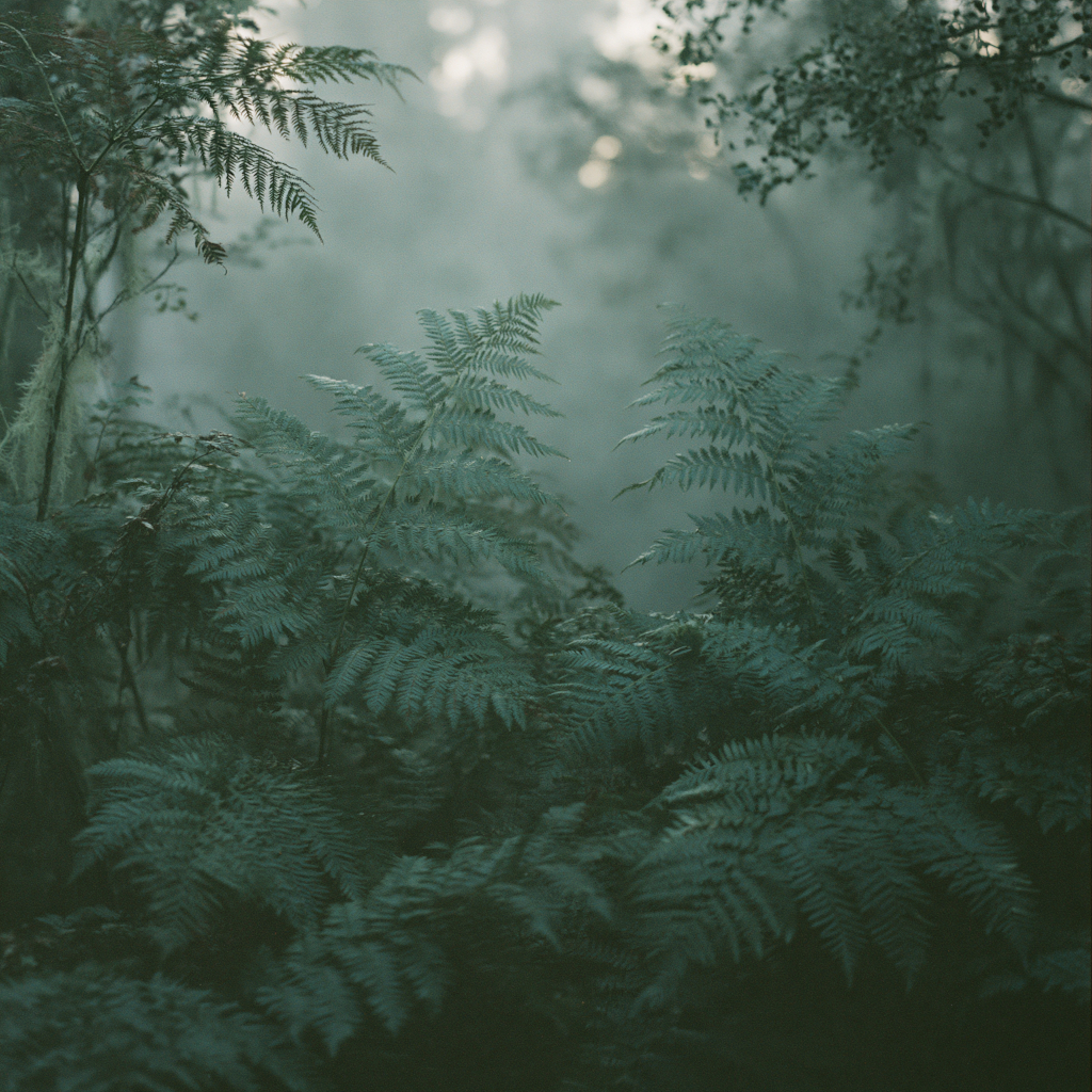 Soft green ferns in gentle Pacific Northwest fog
