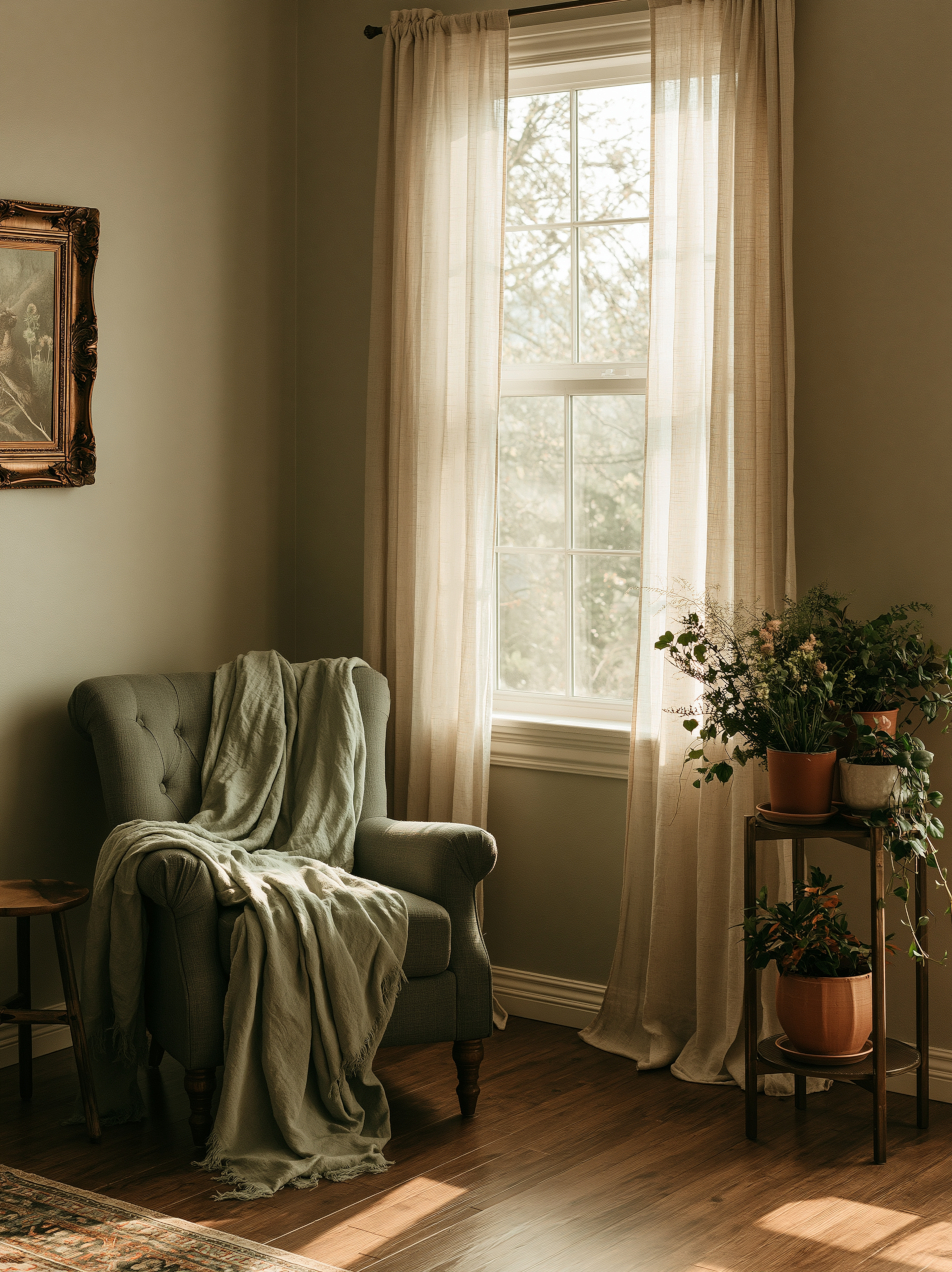 A calm therapy room with a soft green armchair, linen throw, tall window with sheer curtains, and potted plants in warm morning light