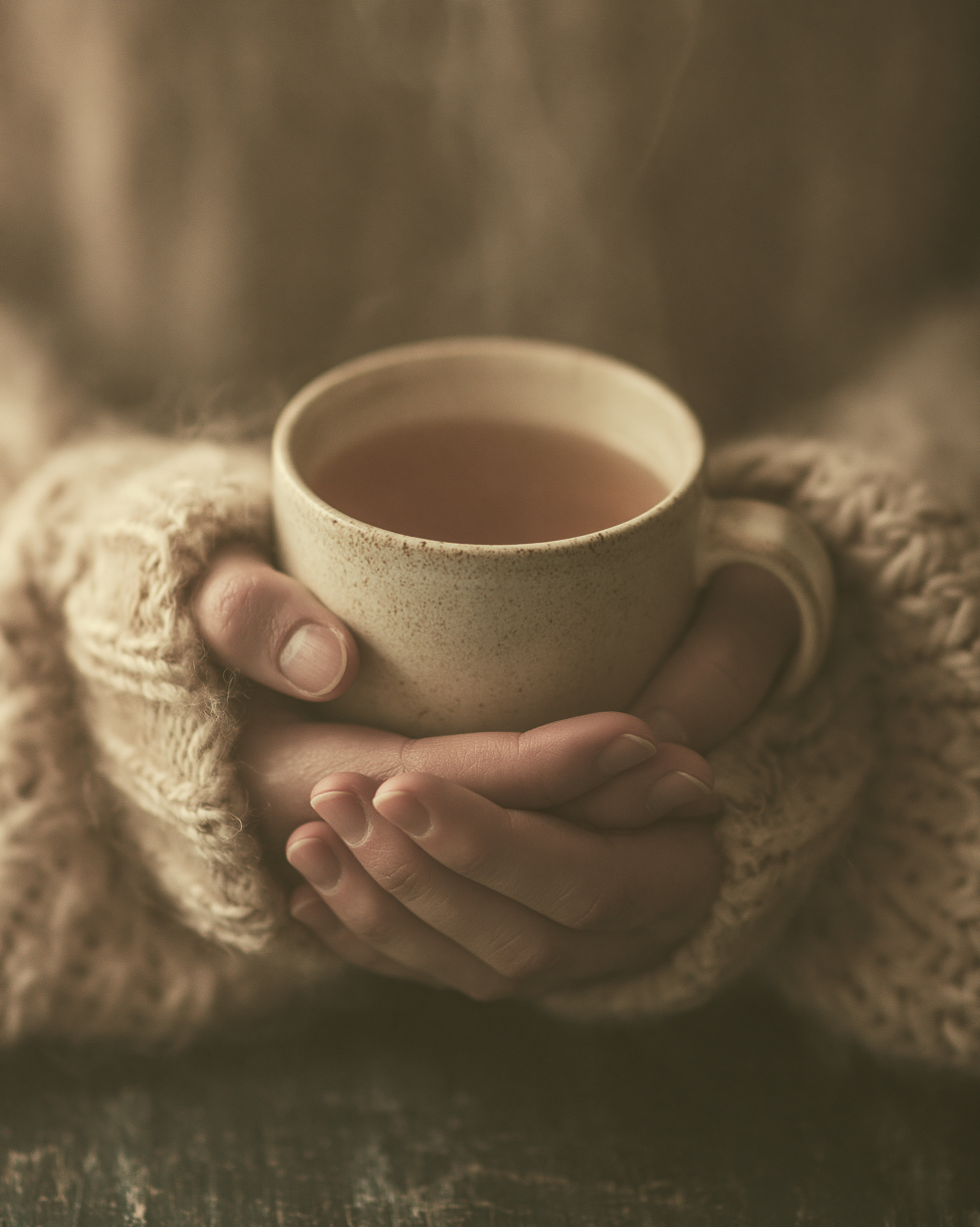 Two hands in soft knit sleeves cradling a warm ceramic mug of tea in gentle light